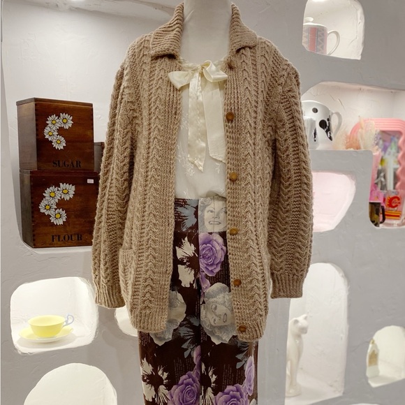 Handmade Sweaters - Handmade Vintage Brown Tan Chunky Cable Knit Fisherman Button Up Cardigan